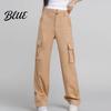Loose Fit Leg-modifying Pants Women Cargo High Waist Button Zipper Fly Casual Long Trousers Solid