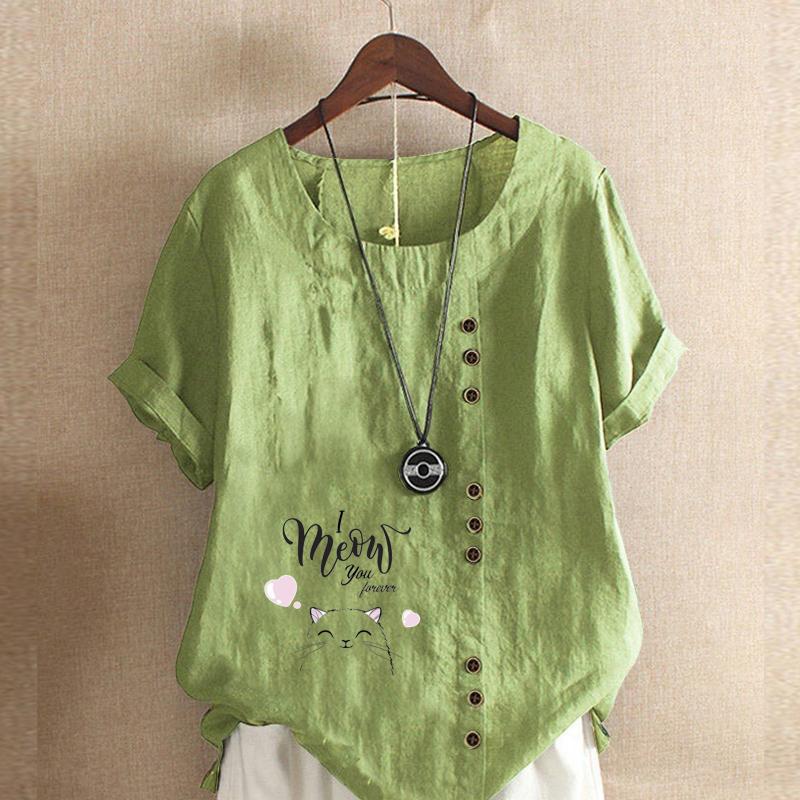 Women's Fashion Cat Letters Prined Short Sleeve T-shirt Loose Cotton Shirt Casual Loose Summer Blouse Tops Plus Size