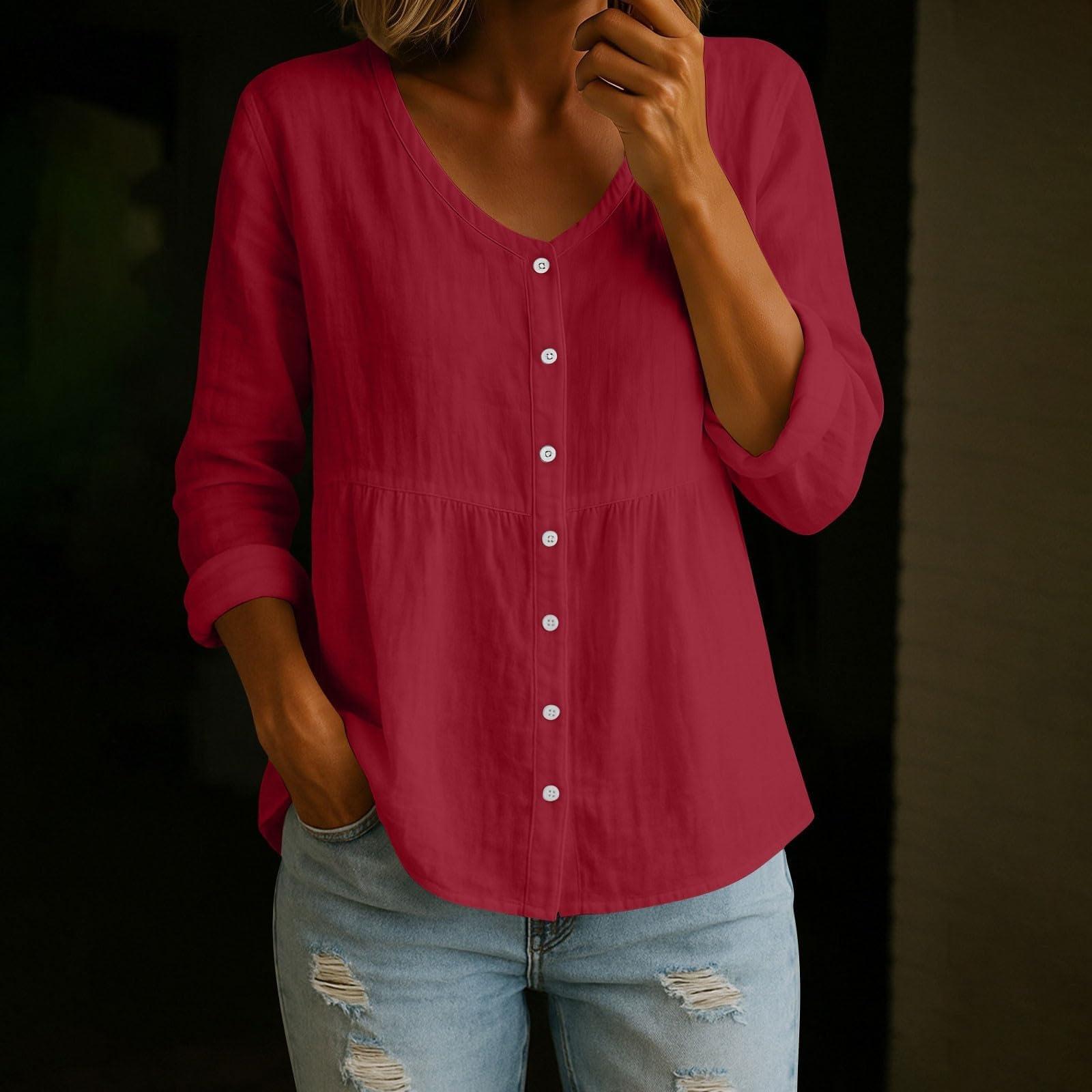 

Fashionable Women s V-Neck Linen Long Sleeve Shirt Loose Casual Button-Up Top For Spring And Commute S винний