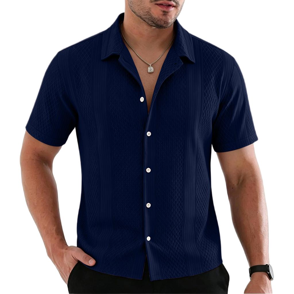 Men's Solid Knit Short Sleeve Shirt French Collar Breathable Hollow Out Button Down Casual Summer Top