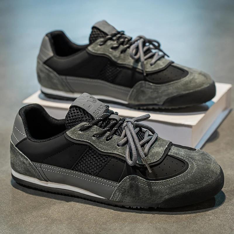 

New Men Casual Sport Shoes Leather Mesh Flat Skate Shoes Youth Fashion Lace-up Loafers 44 чорний