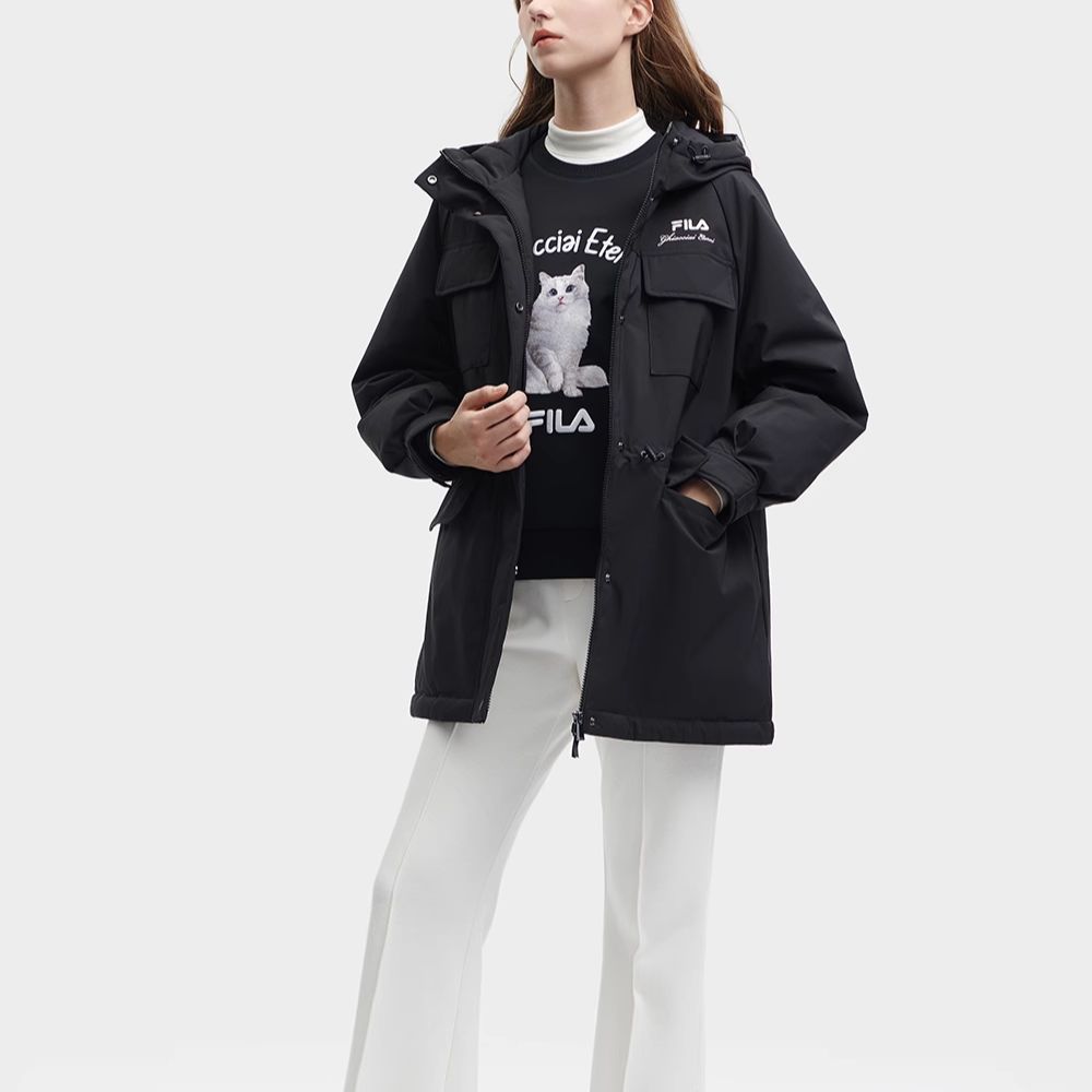 Fila 2023 Winter New Fashion Simple Loose Warm Hooded Jacket Women Outerwear Black F11W348906F-BK