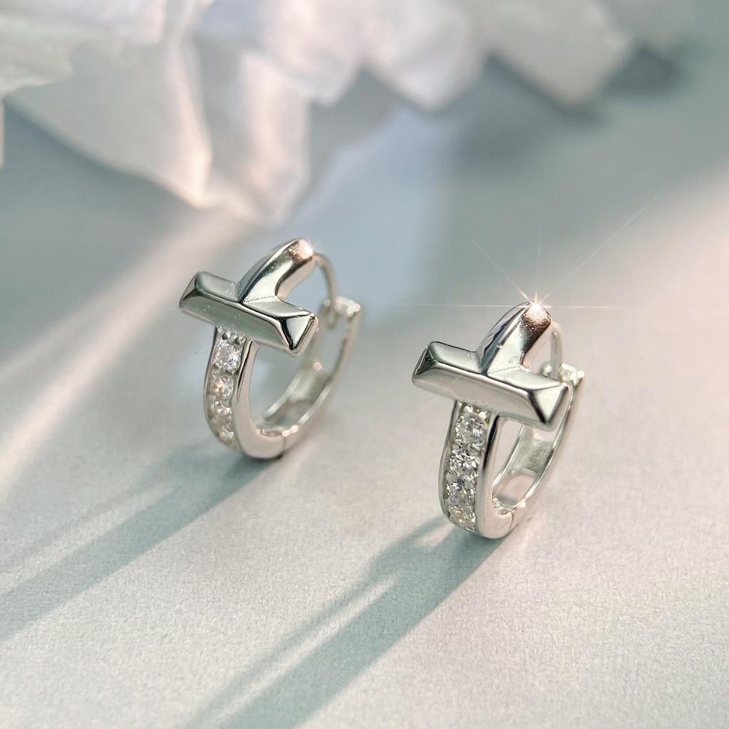 S925 Sterling Silver Gold Three-dimensional Cross Earrings with Diamonds, Simple Ins Wind Ear Buckle Earrings 2026