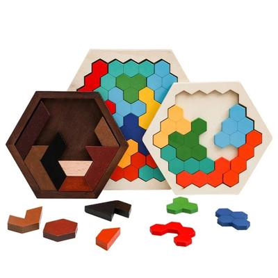 Sechseckige Holzpuzzles, Lernspielzeug für Kinder im Vorschulalter, Tangram-Brett, Gehirn-IQ-Testspiel, Montessori-Spielzeug, Geschenk