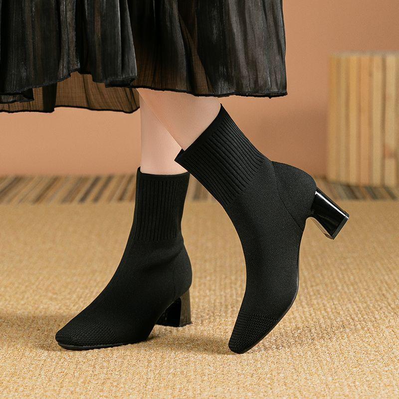 Skinny Boots Women's High-heeled Short Boots Knitted Autumn and Winter Single Boots Square Socks Boots Thick Heel Winter Elastic 2025 New