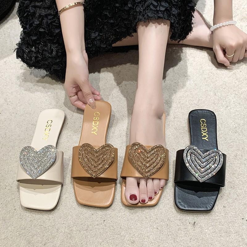 Women Slippers Summer Flat Slippers Women's Square Head Rhinestone Love African Large Size One-Size Slippers