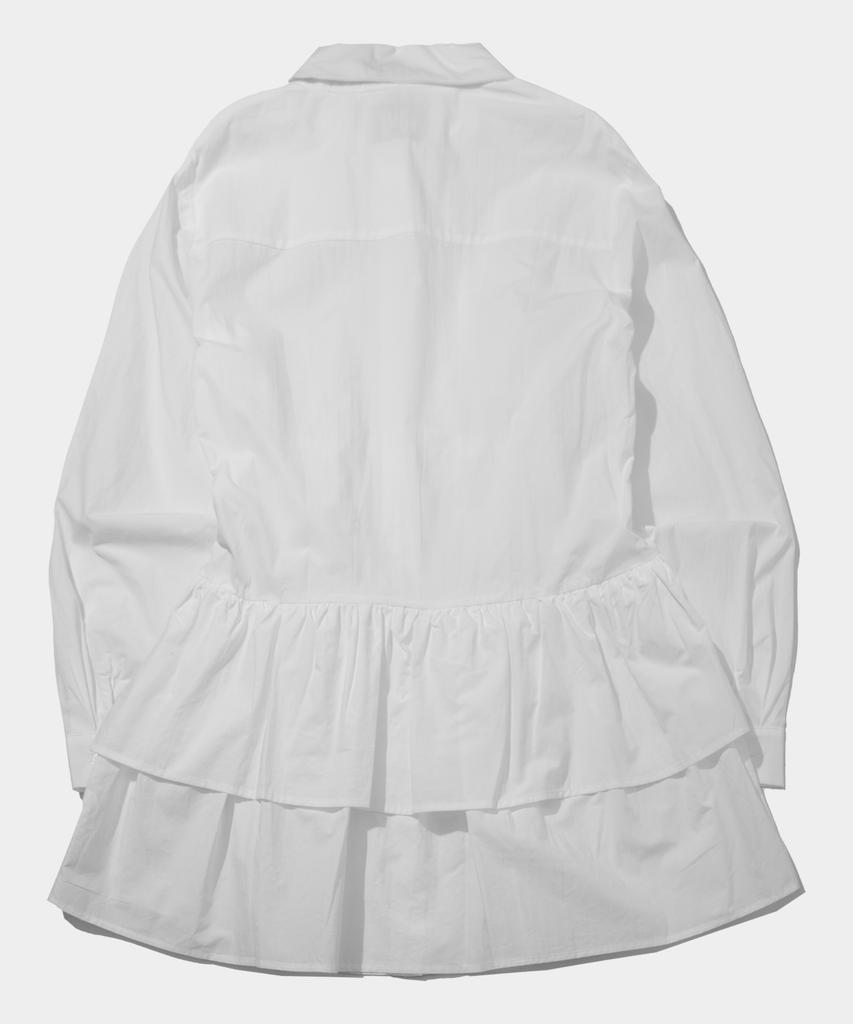 SOME PLACE 2-Tier Frill Strap Pocket Ribbon Point Round Collar Tiered Layered Midi Shirt Dress [White]