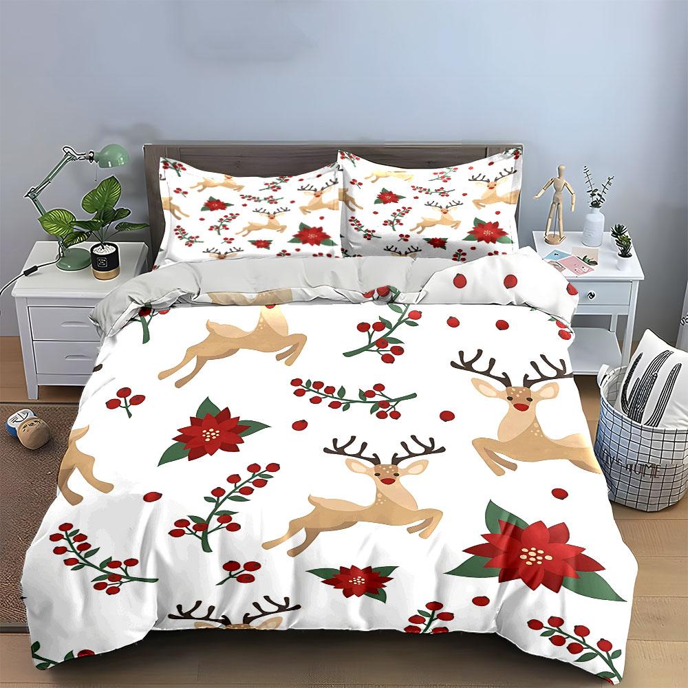 Festive Reindeer Floral Print Bedding Duvet Cover Set Duvet Cover Pillowcases  (1*Duvet Cover 2*Pillowcases, without duvet insert)