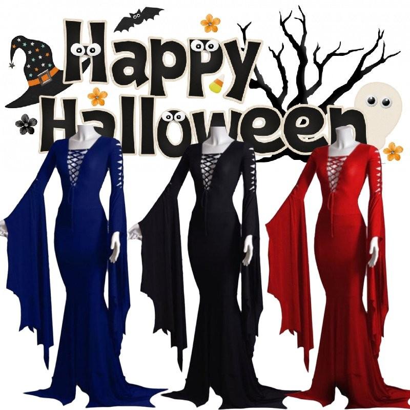 Trendy New Halloween Sexy V Neck Dress With Flare Sleeves Available In Red Black And Blue Sizes S To 5xl For A Chic Retro Look