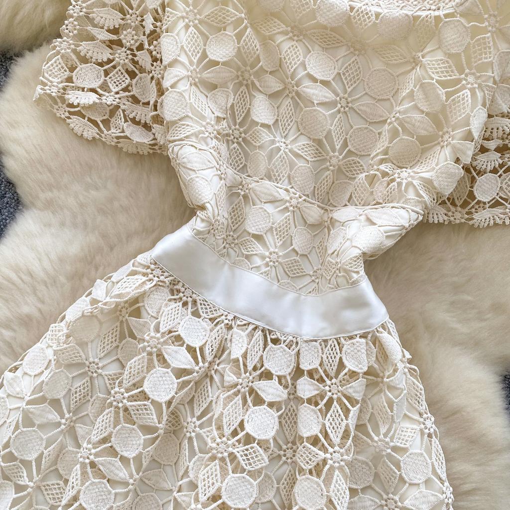 Vara Femei Maneca Scurta Guler Patrat Dantela Broderie Rochii Midi lungi de petrecere