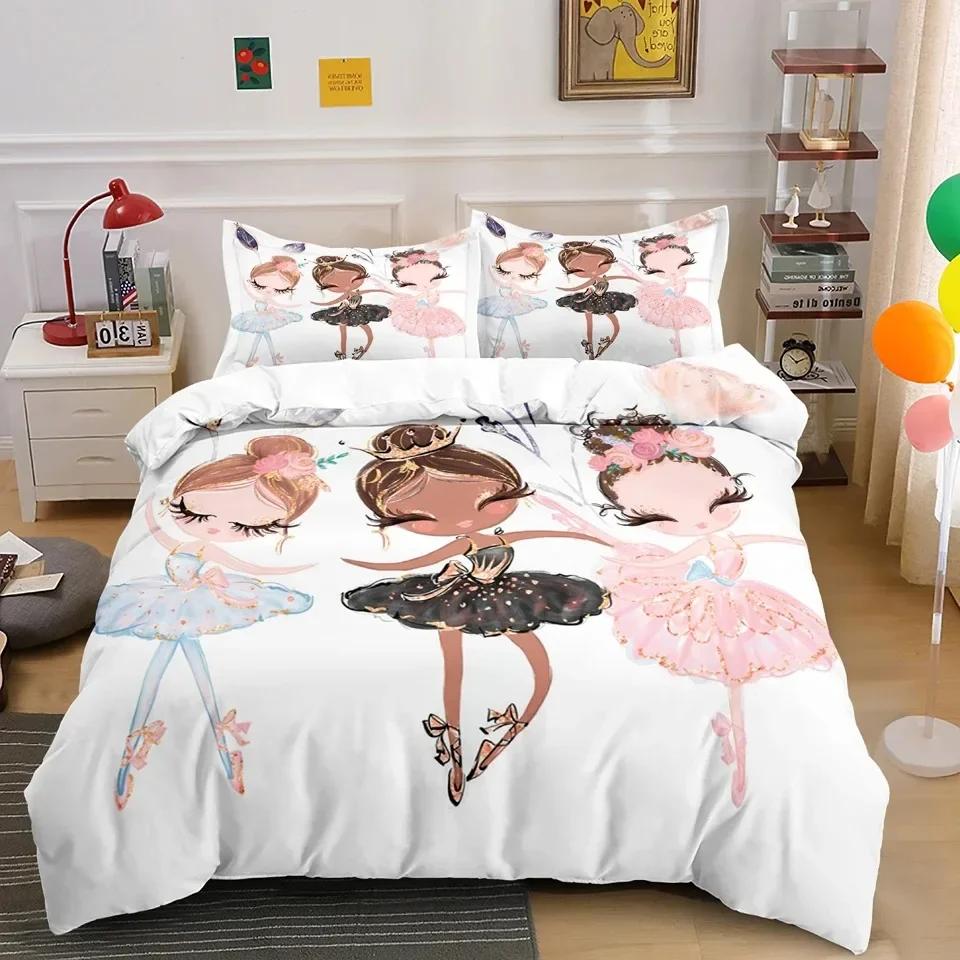 Ballet Dancer Girl Cartoon Dancing Comfortable Duvet Quilt Cover Pillowcase Bedding Set Children Bedroom Decoration Home Textile