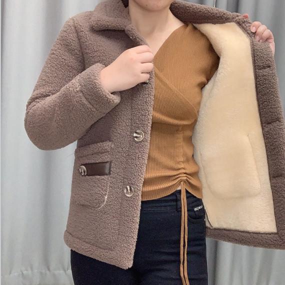 Lambswool Faux Fur Lined Loose Fit Mid-Length Women's Winter Coat, 2025 Autumn/Winter Collection