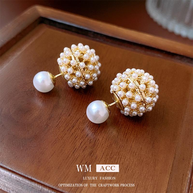 Vintage Silver Pearl Stud Earrings - Elegant Light Luxury Court Style