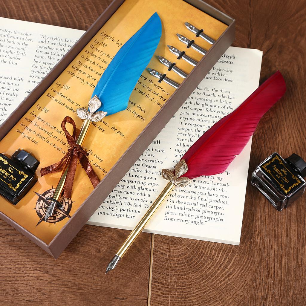 Retro Feather Dipped Pen Set, Solid Color Quill Pen Can Replace Nib Creative Holiday Gift