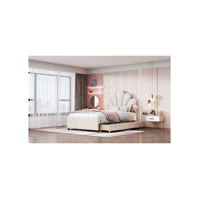 Gepolstertes Bett Kinderbett 90 x 200 cm, Bettgestell mit blumigem Kopfteil und Lattenrost