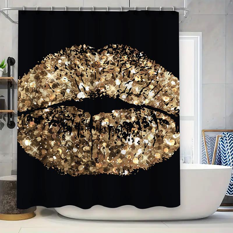 Gold Glitter Lip Print Shower Curtain Decorative Bath Liner For Home Bathroom 3D Printed Water Resistant Fabric Black Backgrou