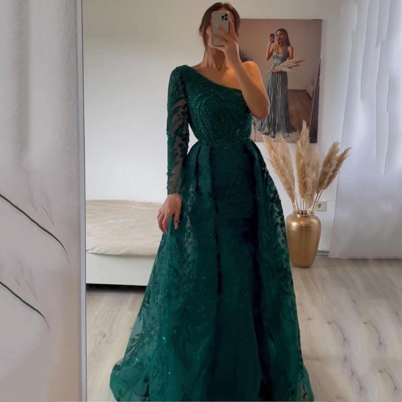Suer Women's Slim Fit Fishtail Dress Dress Mesh Bead Trendy Slant Shoulder Long Sleeve Dress
