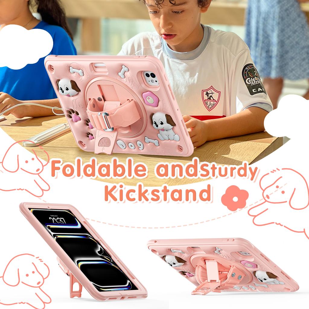 For iPad Pro 11 (2025)/11 (2024) Case with Shoulder Strap Kickstand Cute Dog PC+Silicone+TPU Tablet Cover
