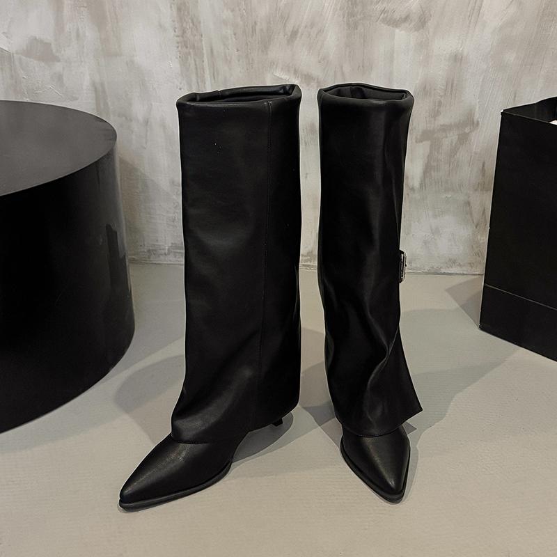 Fashion Autumn and Winter New Pointed Metal Buckle Knee High Women's Boots, Thin High-heeled Pants Boots, Fashionable Mid Leg Boots