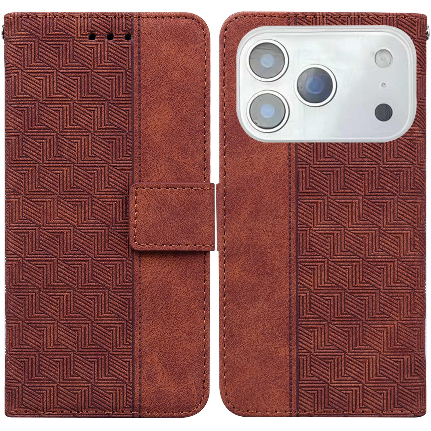 

For iPhone 17 Pro Max Case Geometry Pattern Leather Wallet Phone Cover with Wrist Strap Brown