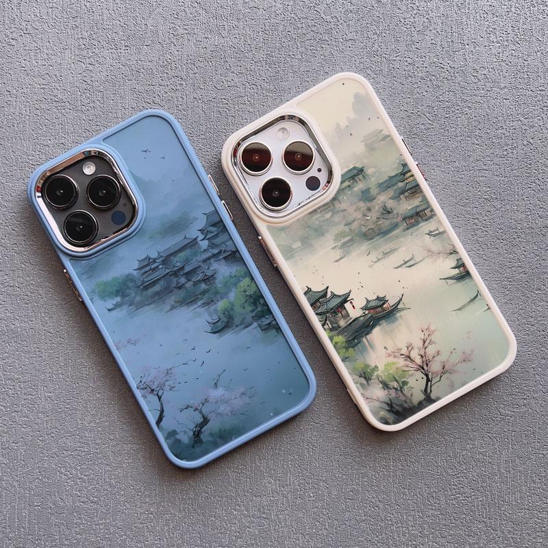 Mountains and Streams Pavilion Ink Brush Painting Phone Case for iPhone 12 13 14 11 Pro Max X XR XS 14 7 8 Plus SE Silicon Cover