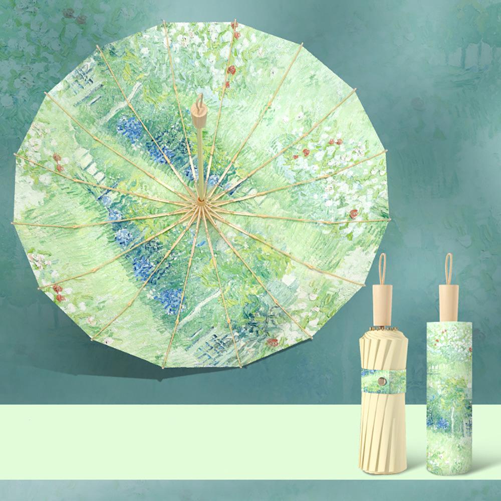16 Bone Oil Painting Sun Umbrella New Chinese Style Three Fold Umbrella Windroof Strong All Weather for Adult Double Sun Shade