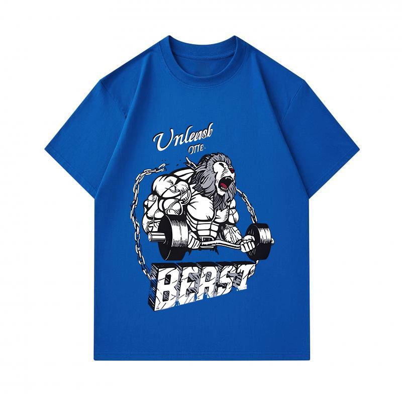 Men's 100% Cotton Crew Neck Short Sleeve T-Shirt, Unleash The Beast Muscular Lion Weightlifting Print Casual Fitness Workout Top