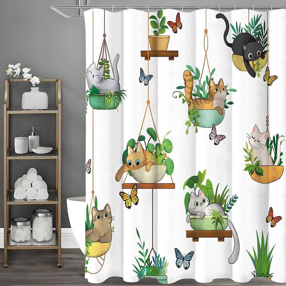 Cat Shower Curtain, Hanging Potted Kitten Plant Stand Bathroom Decorative Shower Curtain, Waterproof Shower Curtain with Hooks