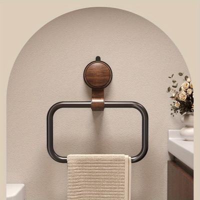 Vintage Walnut Wood Towel Ring with Suction Cup Mount, No-Drill Wall-Mounted Bathroom Towel Holder