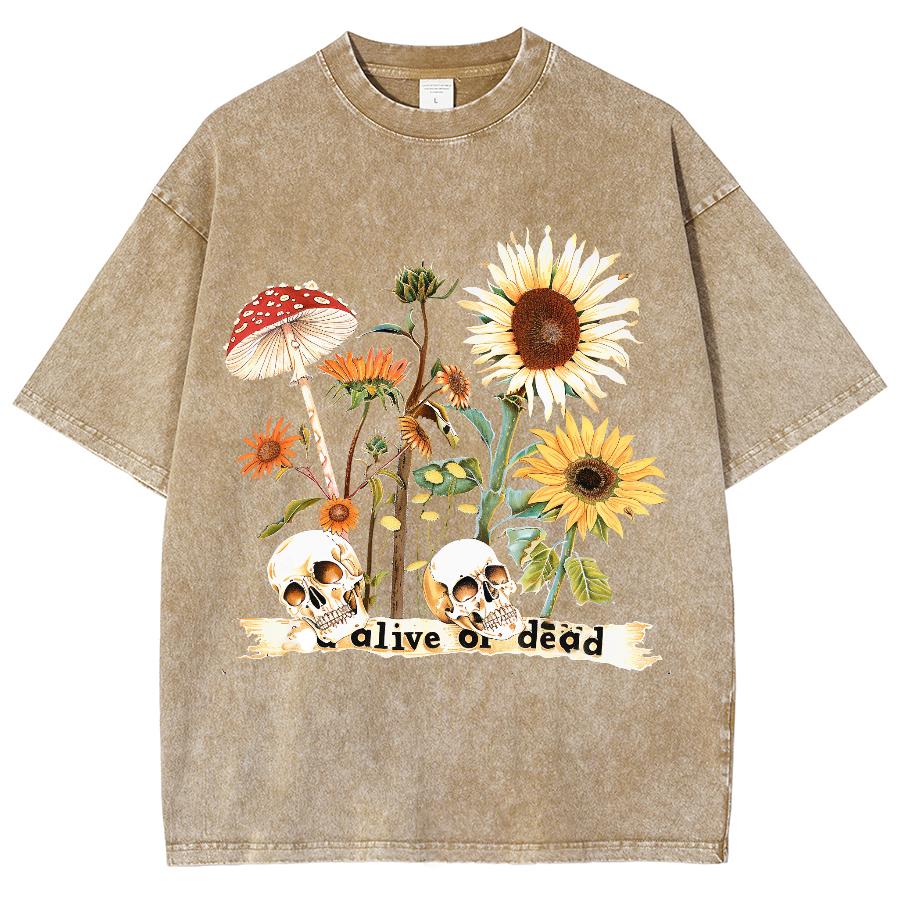 Women Cartoon T-Shirt Vintage Sunflower Print Washed With Water Short Sleeve Tees Couple Streetwear Loose Clothes Tops