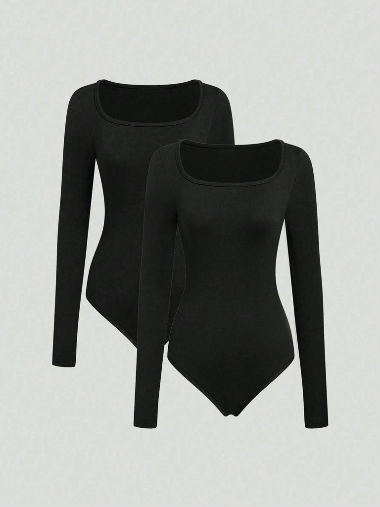 European & American Slim U-Neck Solid Color Elastic Jumpsuit Bodysuit for Women