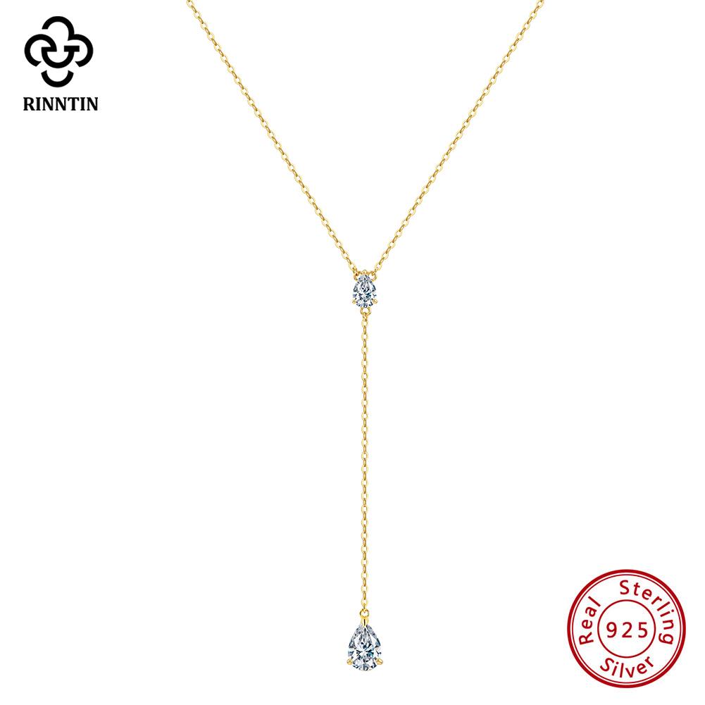 RINNTIN BBQN36 Water Drop 5A Cubic Zirconia Drop Pendant Necklaces 925 Sterling Silver Sexy Y-shape Necklace for Women