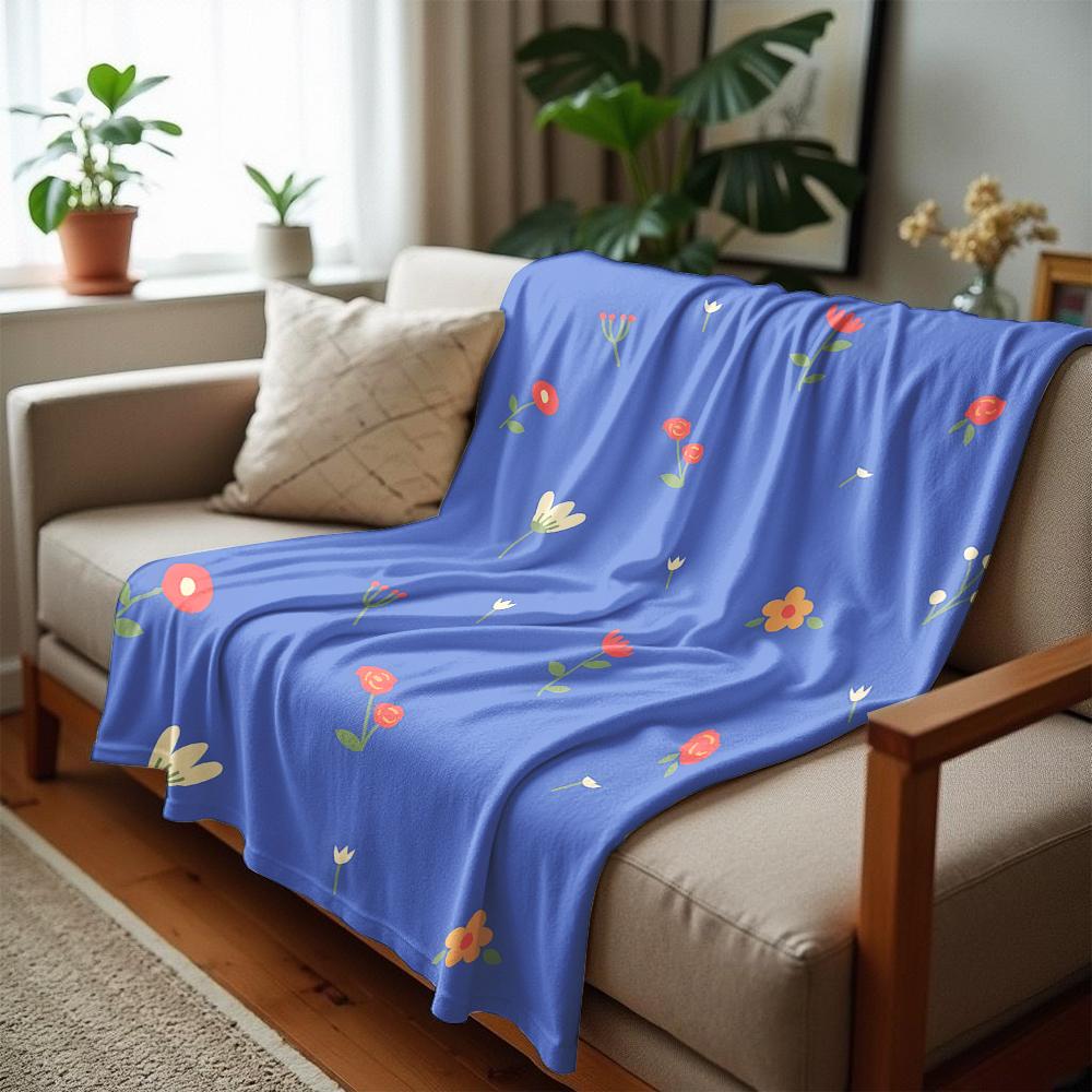 Blue Base Tiny Wildflower Cartoon Anime Print Flannel Blanket Soft Warm Throw for Kids Bedroom Sofa Christmas Office Car