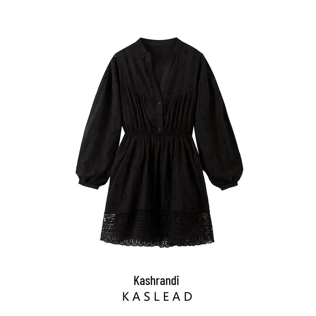 

2024 Autumn Women’s European & American Style Hollow Embroidery Mini Dress Large чёрный