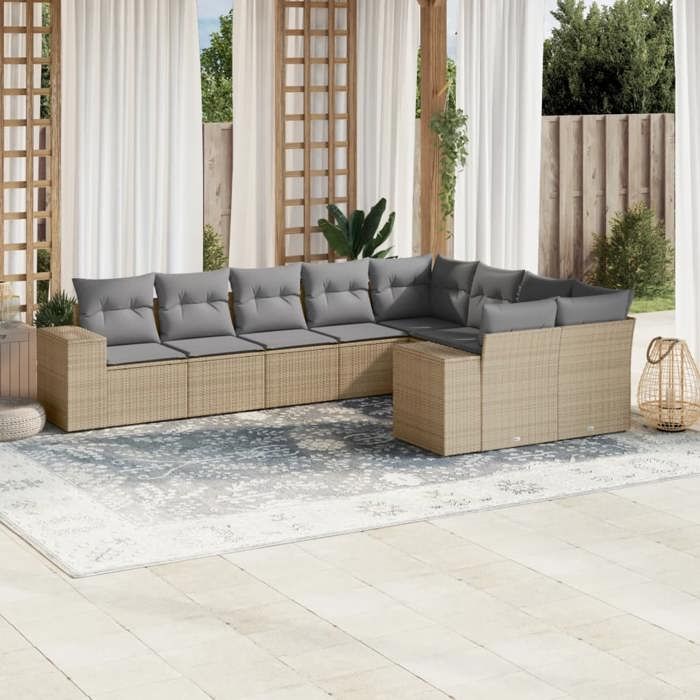 VidaXL Salon de Jardin avec Coussins 9 pcs, Canapés de Terrasse, Ensemble de Meubles de Patio, Mobilier d'Extérieur, Beige 3223038