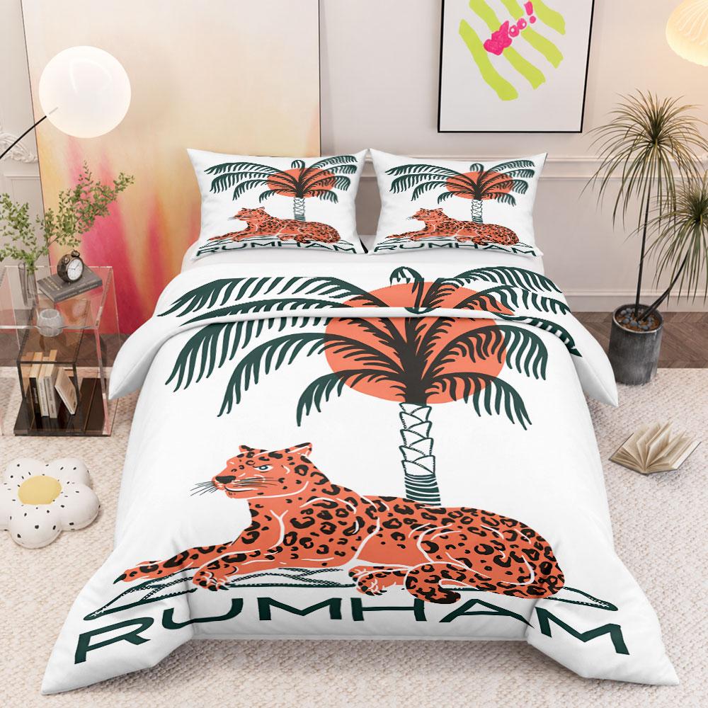 Artistic Tropical Leopard Palm Tree Art Green Bedding Set, King Size Duvet Cover with Pillowcases, Plush Bedding Set with Pillow Shams