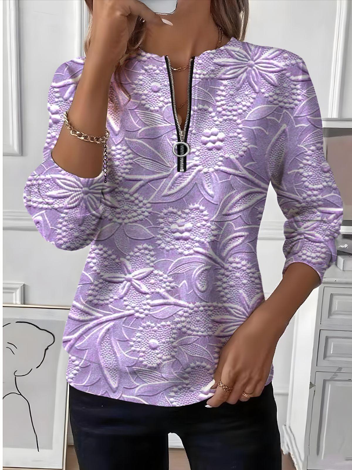 

Europe, America, autumn new women s clothing long-sleeved printed V-neck zipper T-shirt top XXL фіолетовий