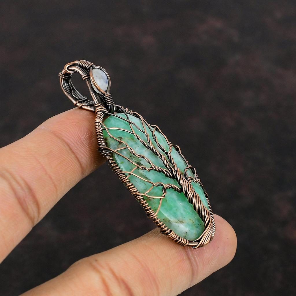 Tree Of Life Chrysoprase Pendant Copper Wire Wrapped Jewelry Gemstone Copper Pendant Rainbow Moonstone Jewelry Gift For Him Handmade Pendant