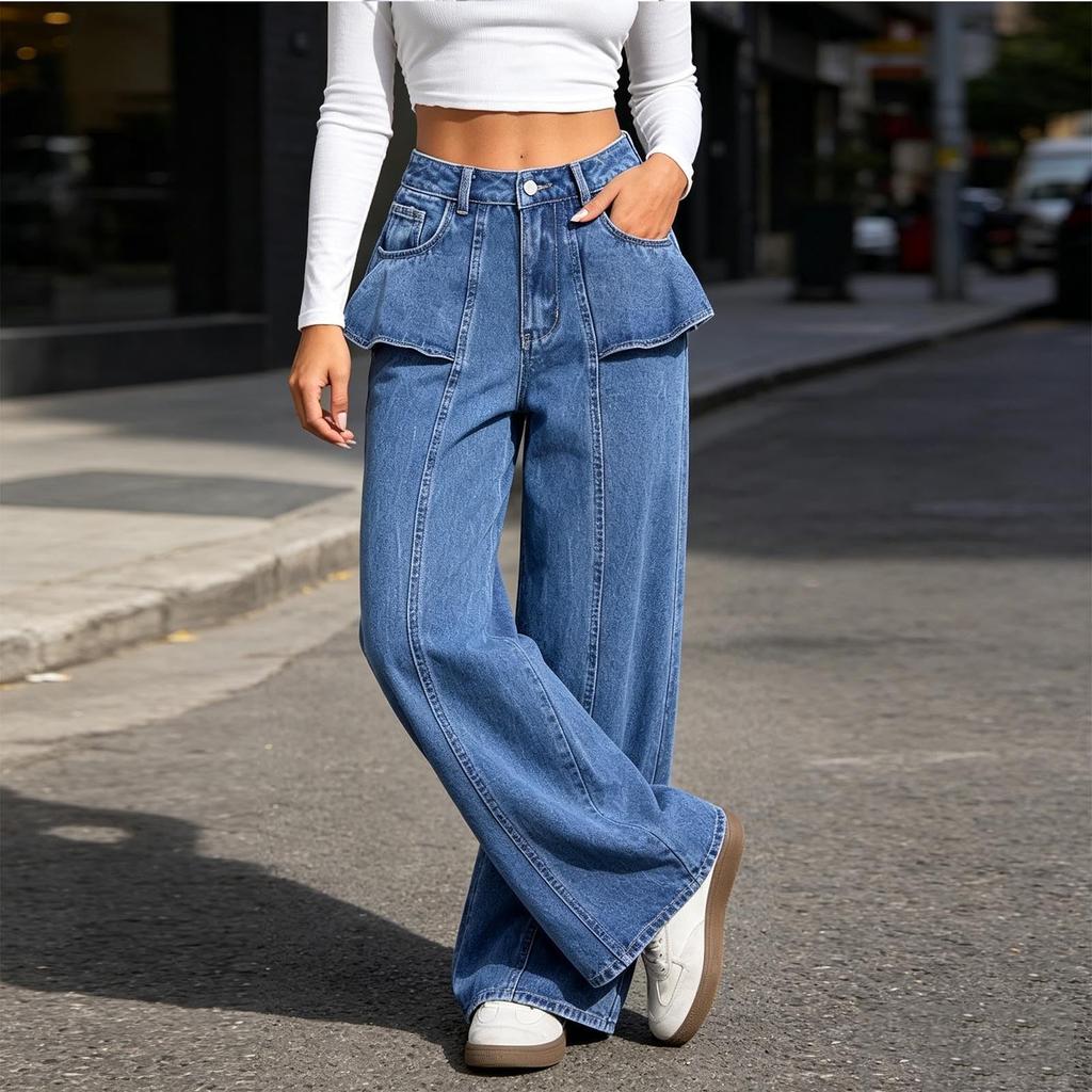 Women's Casual Ruffle-Trimmed Wide Leg Loose Fit Jeans