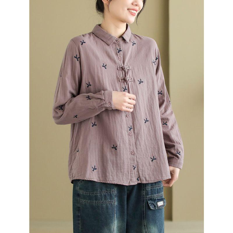 

Daile Original Spring New Artistic Cotton Yarn Long sleeve Shirts Women Chinese Style Plate Buckle Handmade Embroidery Top Women Purple One size
