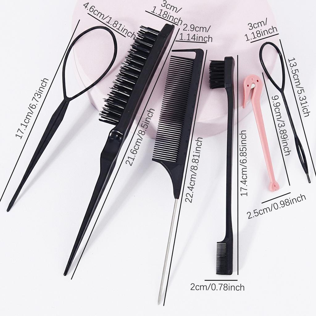 6pcs Hairdressing tool set,weaving tool ring,rat tail comb,tearing comb brush,edge control brush,suitable for all hair types