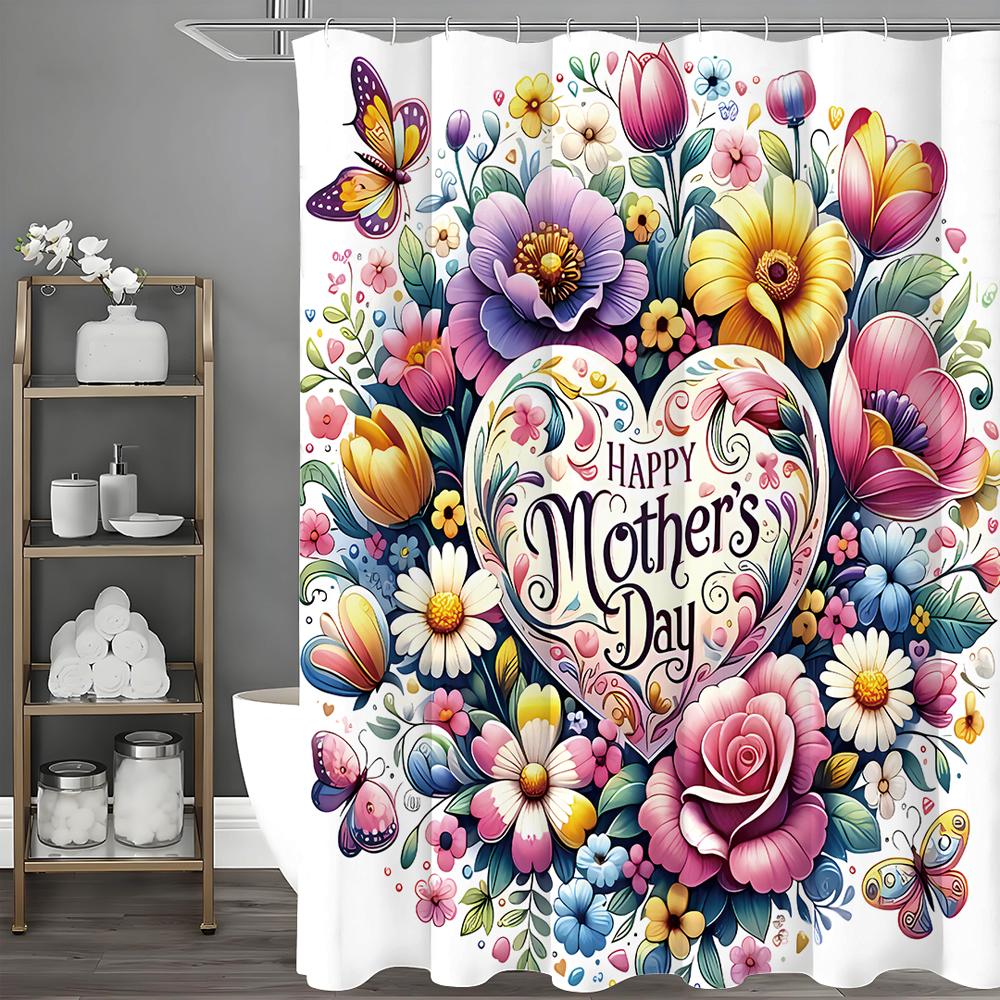 

Happy Mother s Day Floral Heart Shower Curtain, Bathroom Decorative Shower Curtain, Waterproof Shower Curtain with Hooks 90*180cm