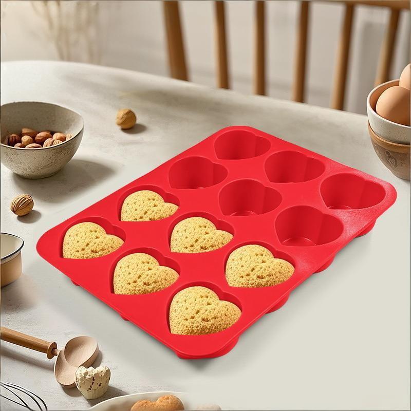 12-Cavity Silicone Cake Mold Heart-Shaped Non-Stick Baking Mold For Brownies Food-Grade Microwave Safe Cupcake Making Tool красный