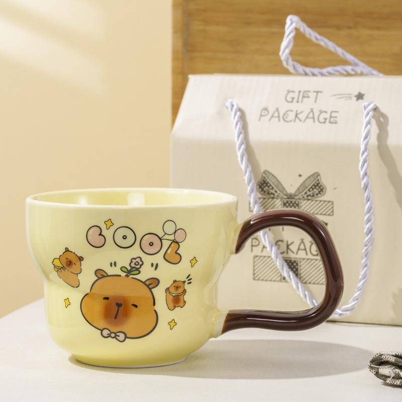 Roztomilý keramický hrnek s kapybarou a lžičkou, hrnek pro pár, vysoký, hezký, kreslený hrnek s kapybarou, suvenýr na oslavu obchodu