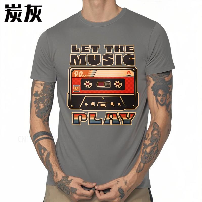 Black summer  t shirt Let The Music Play Cassette Tape Design Short Sleeve Workout ONeck Tee shirt cotton teeshirt