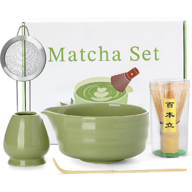 Matcha Whisk Set - 5PCS Matcha Set Includes 17OZ Chawan with Spout, Bamboo Chasen Whisk with Ceramic Holder, Mat cha Scoop and Stainless Sifter,