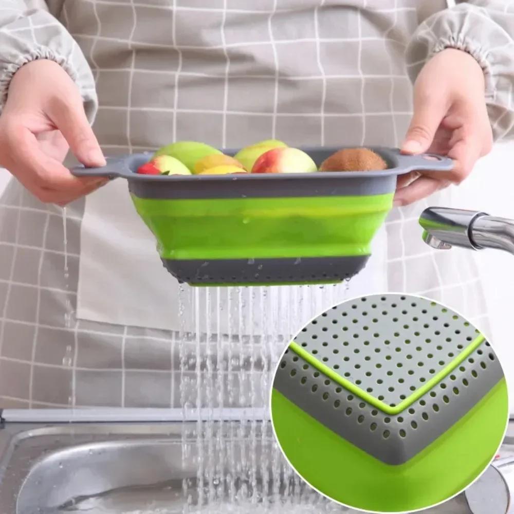 Silicone Folding Drain Basket Collapsible Drainer Fruit Vegetable Washing Basket Foldable Strainer Colander Fruit Cleaning Basin