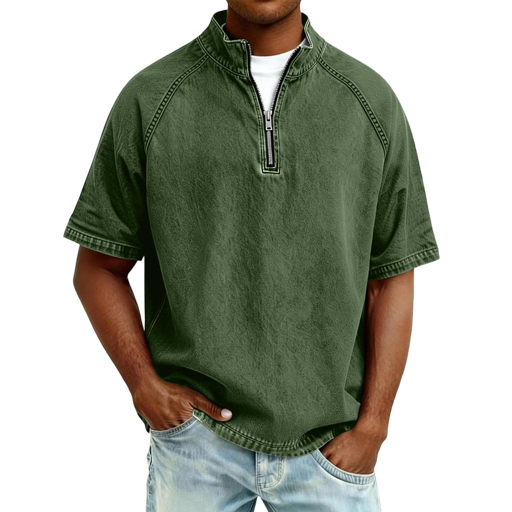 Men's Zipper Stand-up Collar Short-sleeved Distressed Washed Crewneck Casual Shirt
