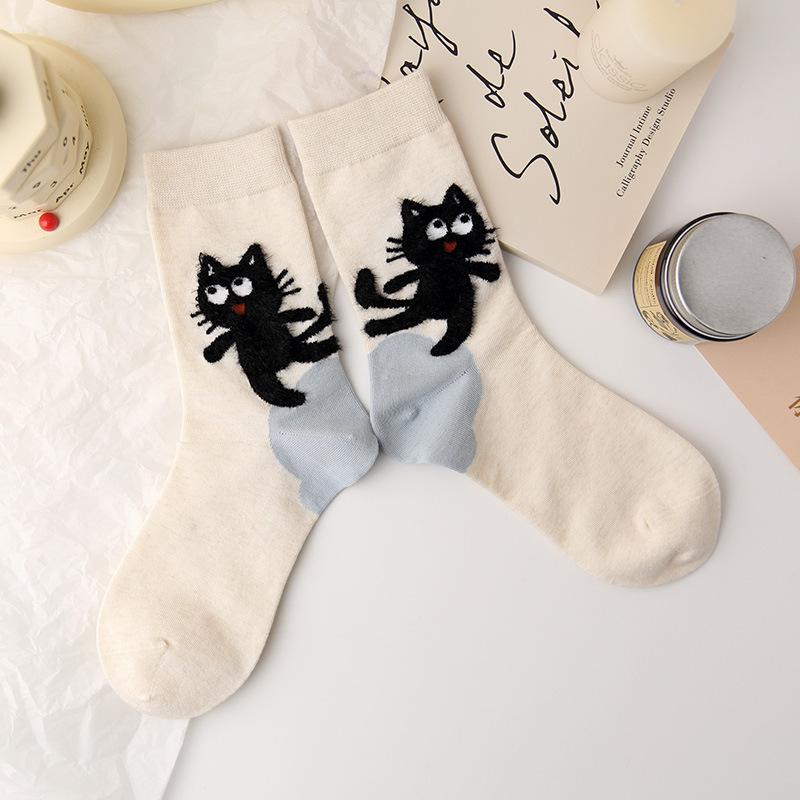 

Kawaii Cartoon Cat Pattern Socks Sweat Absorption Breathable Fashion Cotton Soft Sockings Mid Tube Socks Socks for Women Girls One Size