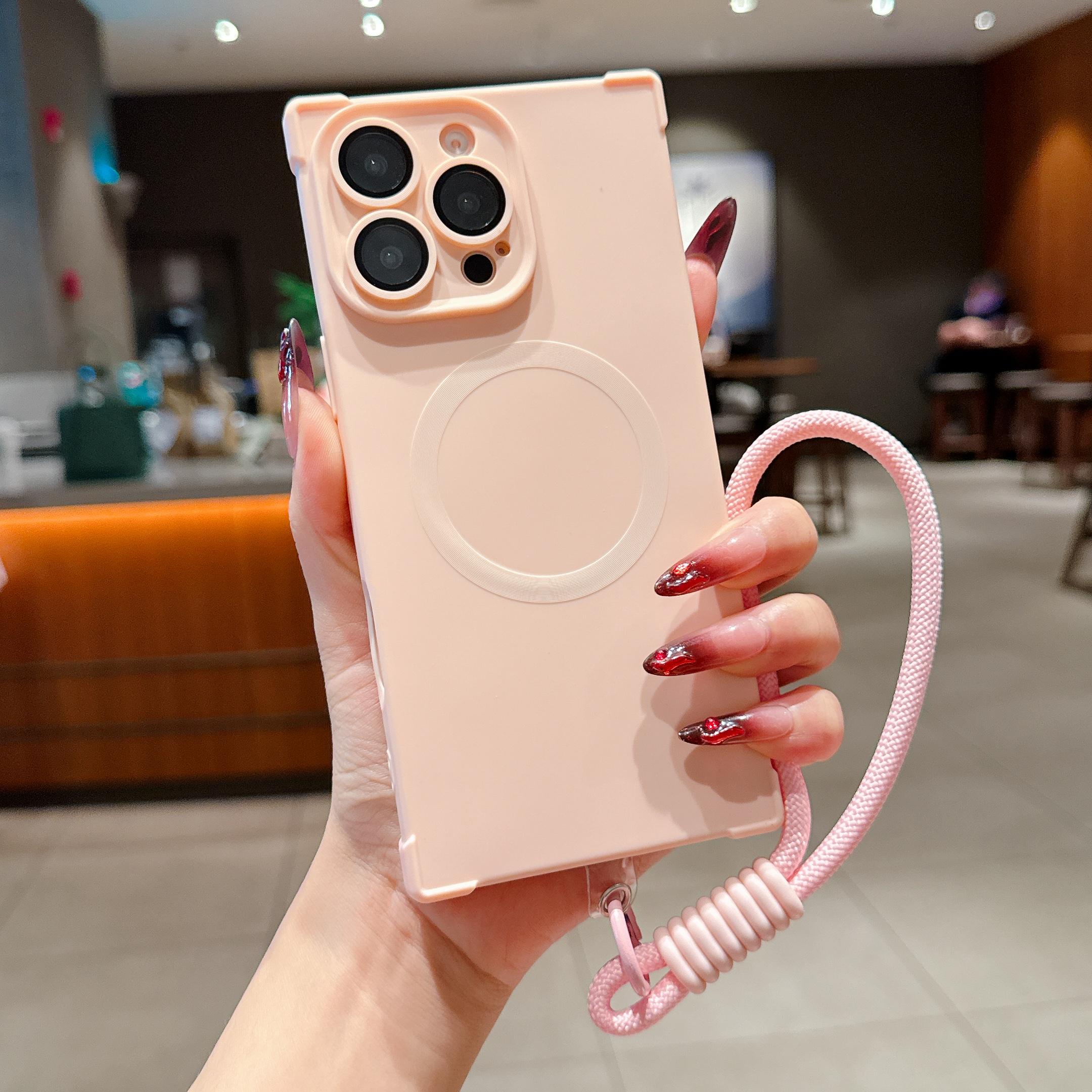 

Matte Soft Silicone Square Shockproof Case for iPhone 16 15 14 Plus 13 Pro Max Magnetic Wireless Charge Lanyard Rope Strap Cover For iPhone 13